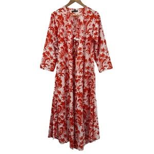 Jayshree Dalal Palm Print Cotton Maxi Kaftan Tassel Dress w/ Pockets | Large